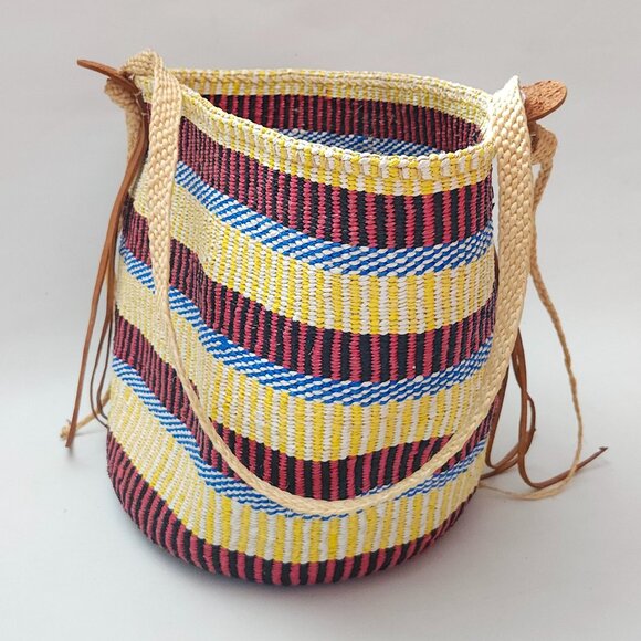Colorful Woven Basket with Leather Accents - Picture 2 of 6